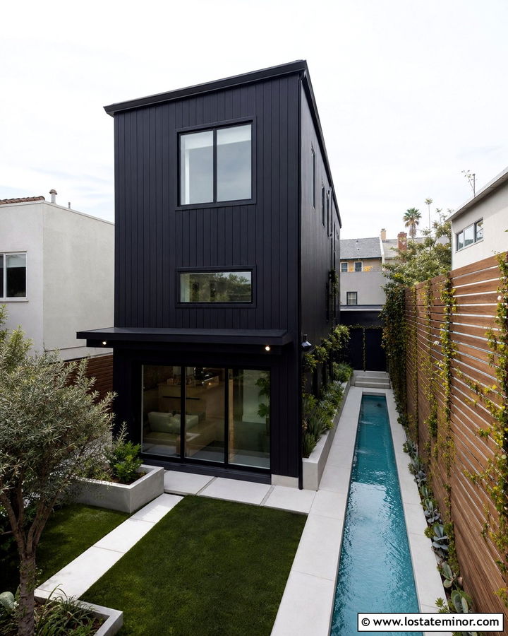 Jet Black Narrow House With Side Yard Pool - 30 Jet Black House Design With Swimming Pool Ideas