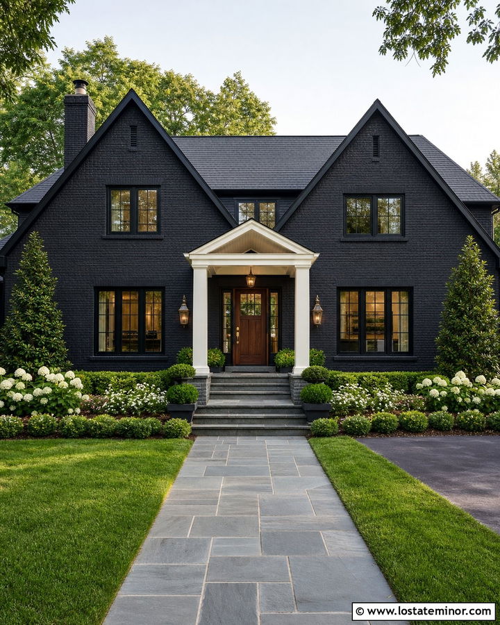 Jet Black Painted Brick House With Portico - 30 Jet Black House Design With Front Porch Ideas
