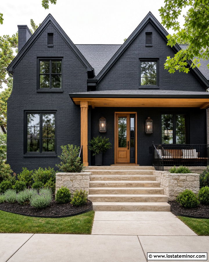 Jet Black Painted Brick House With Wood Screen Door - 30 Jet Black House Design With Screen Door Ideas