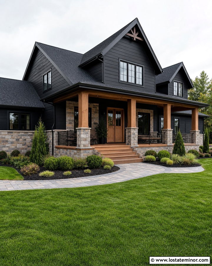 Jet Black Porch House With Mixed Stone Wainscoting - 30 Jet Black House Design With Wainscoting Ideas