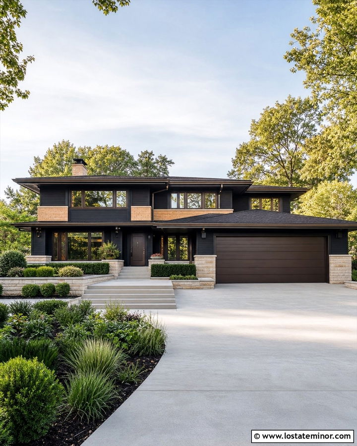 Jet Black Prairie House With Bronze Garage Door - 30 Jet Black House Design With Garage Door Ideas