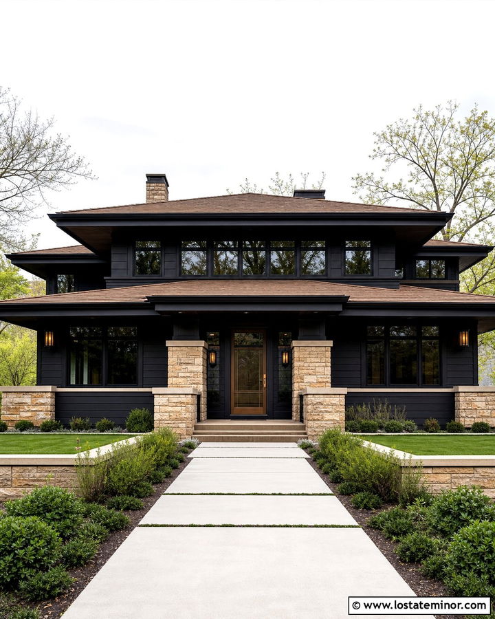 Jet Black Prairie House With Bronze Storm Door - 30 Jet Black House Design With Storm Door Ideas