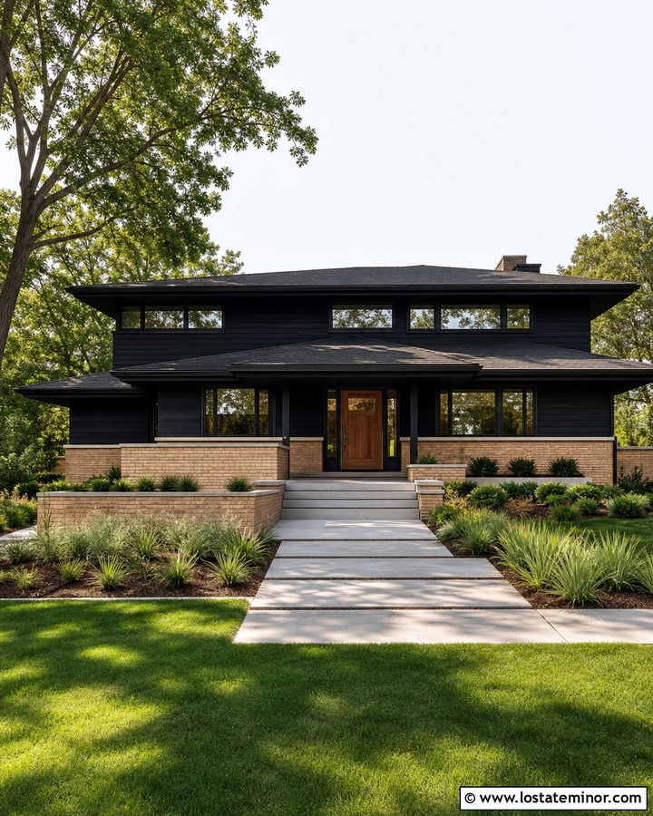 Jet Black Prairie House With Buff Brick Wainscoting - 30 Jet Black House Design With Wainscoting Ideas