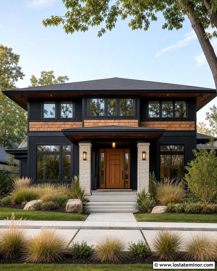 Jet Black Prairie House With Cedar Shake Bands - 30 Jet Black House Design With Cedar Shake Ideas