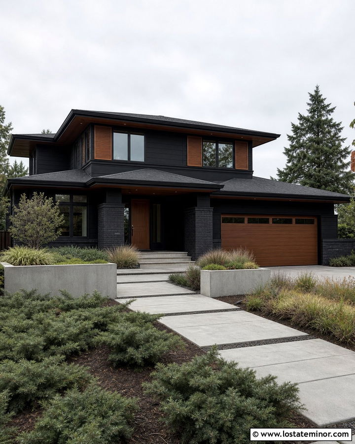 Jet Black Prairie House With Copper Brown Shutters - 30 Jet Black House Design With Shutters Ideas