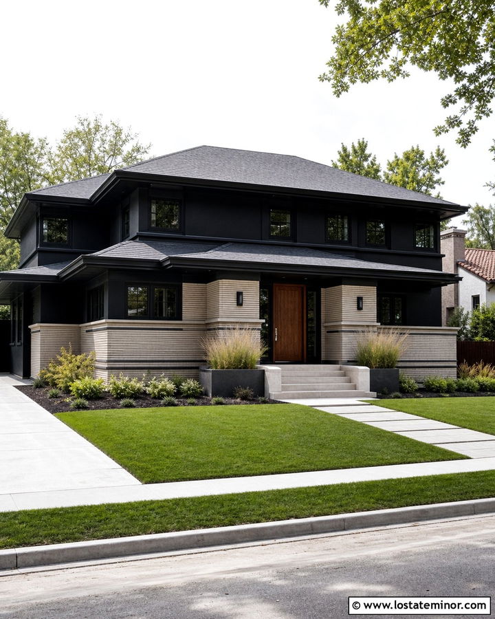 Jet Black Prairie House With Cream Brick - 30 Jet Black House Design With Brick Accents Ideas