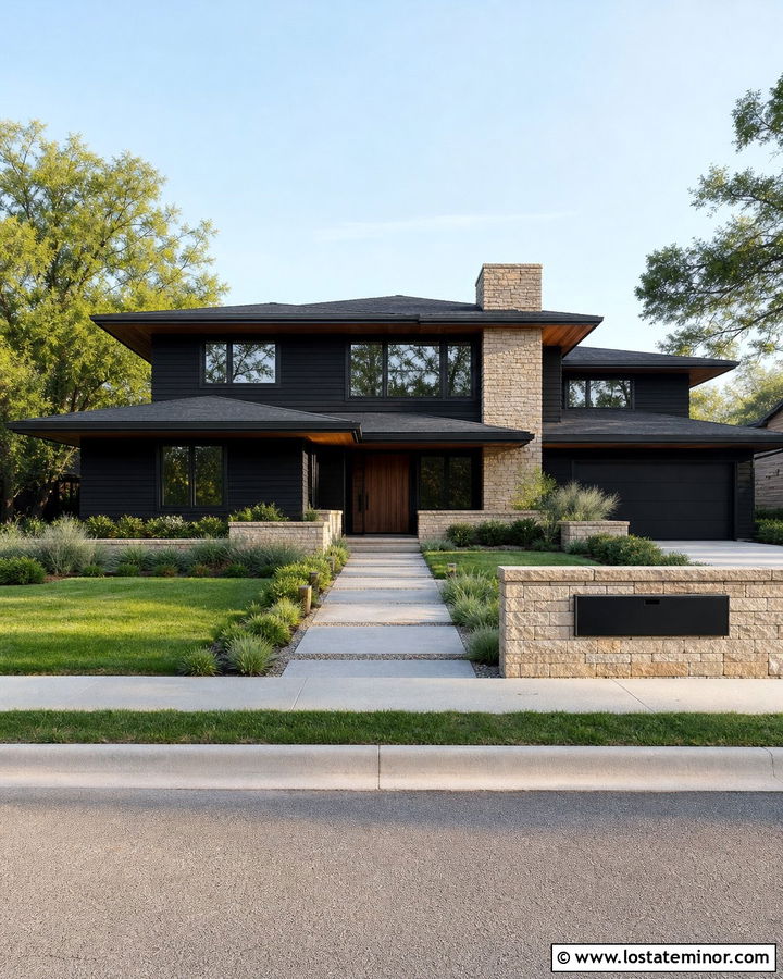 Jet Black Prairie House With Horizontal Mailbox - 30 Jet Black House Design With Mailbox Ideas