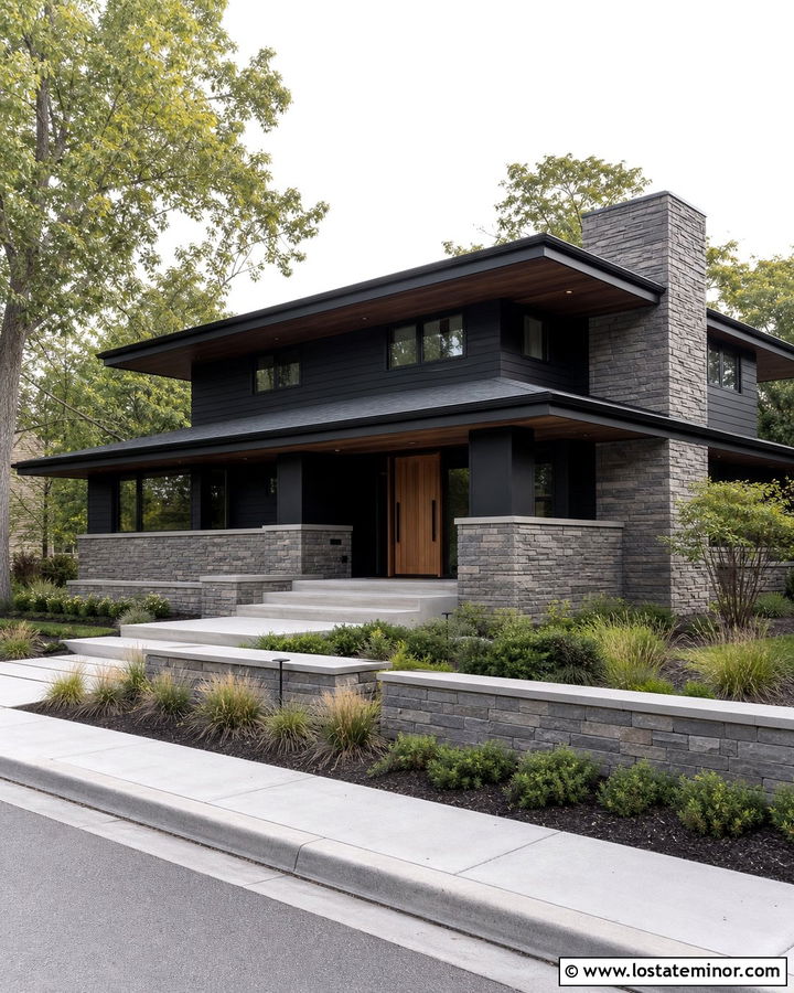 Jet Black Prairie House With Horizontal Stone - 30 Jet Black House Design With Stone Accents Ideas