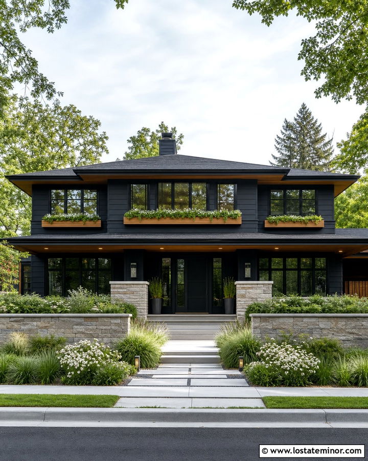 Jet Black Prairie House With Horizontal Window Boxes - 30 Jet Black House Design With Window Boxes Ideas