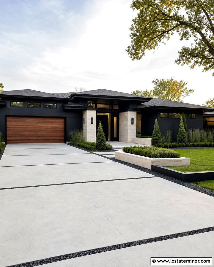 Jet Black Prairie House With Linear Driveway - 30 Jet Black House Design With Driveway Ideas