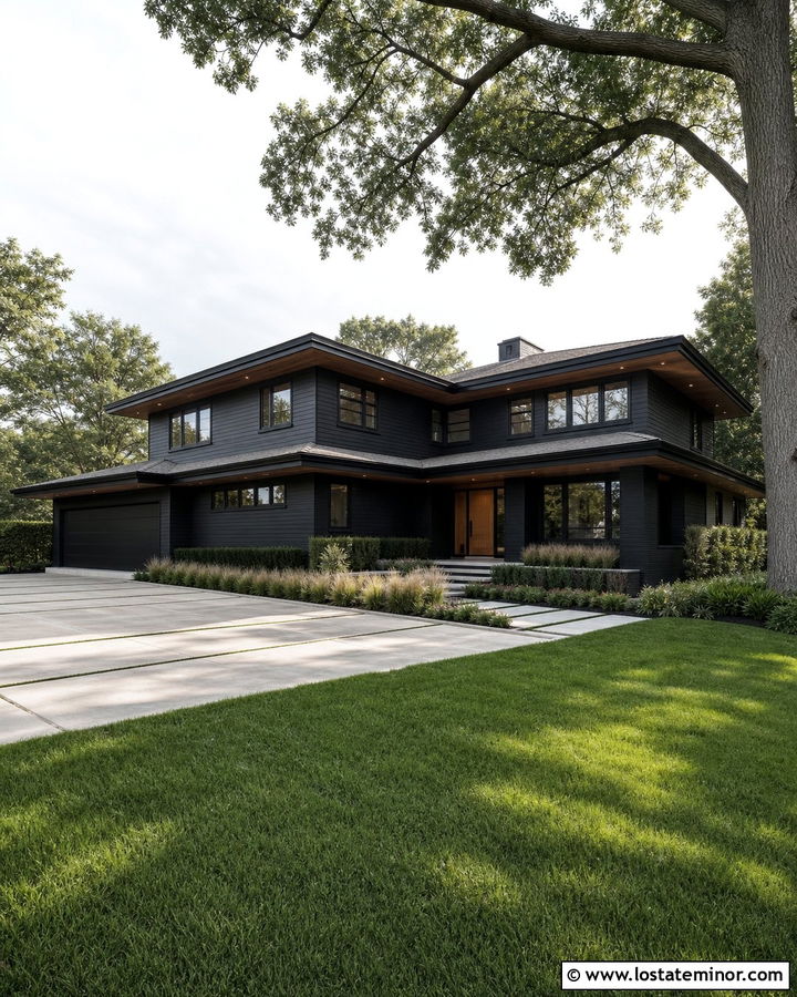 Jet Black Prairie House With Linear Front Yard - 30 Jet Black House Design With Front Yard Ideas