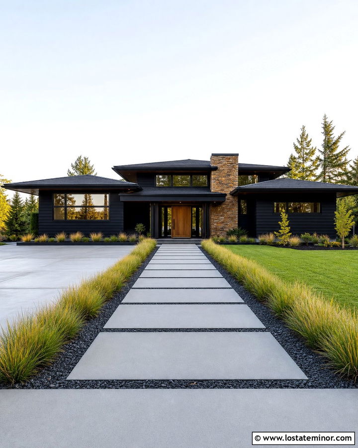 Jet Black Prairie House With Linear Paver Walkway - 30 Jet Black House Design With Walkway Ideas