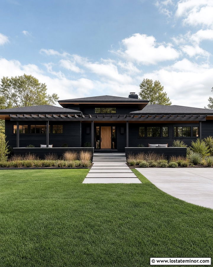 Jet Black Prairie House With Long Pergola - 30 Jet Black House Design With Pergola Ideas