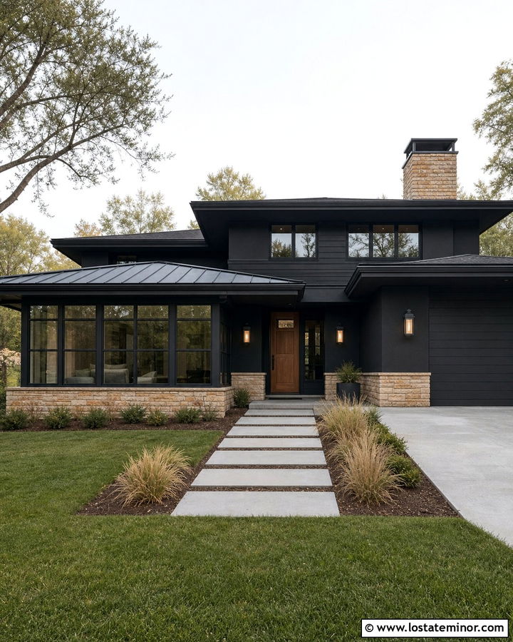 Jet Black Prairie House With Low Roof Sunroom - 30 Jet Black House Design With Sunroom Ideas