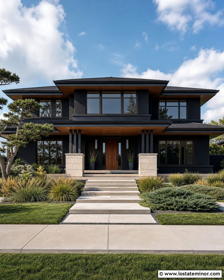Jet Black Prairie House With Low Stone Porch Columns - 30 Jet Black House Design With Porch Columns Ideas
