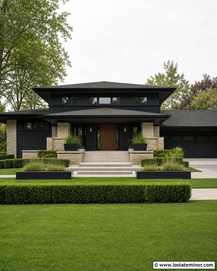 Jet Black Prairie House With Low Wide Steps - 30 Jet Black House Design With Steps Ideas