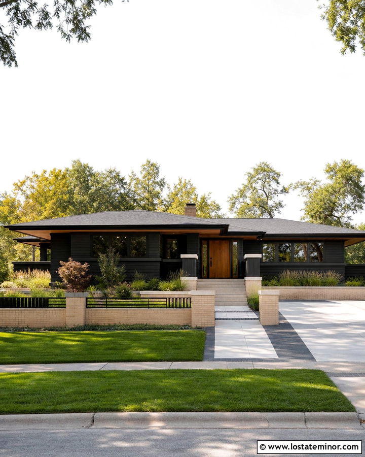 Jet Black Prairie House With Masonry Fence - 30 Jet Black House Design With Fence Ideas