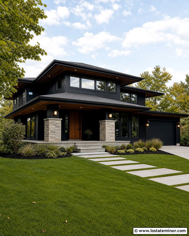 Jet Black Prairie House With Pier Lights - 30 Jet Black House Design With Lighting Ideas
