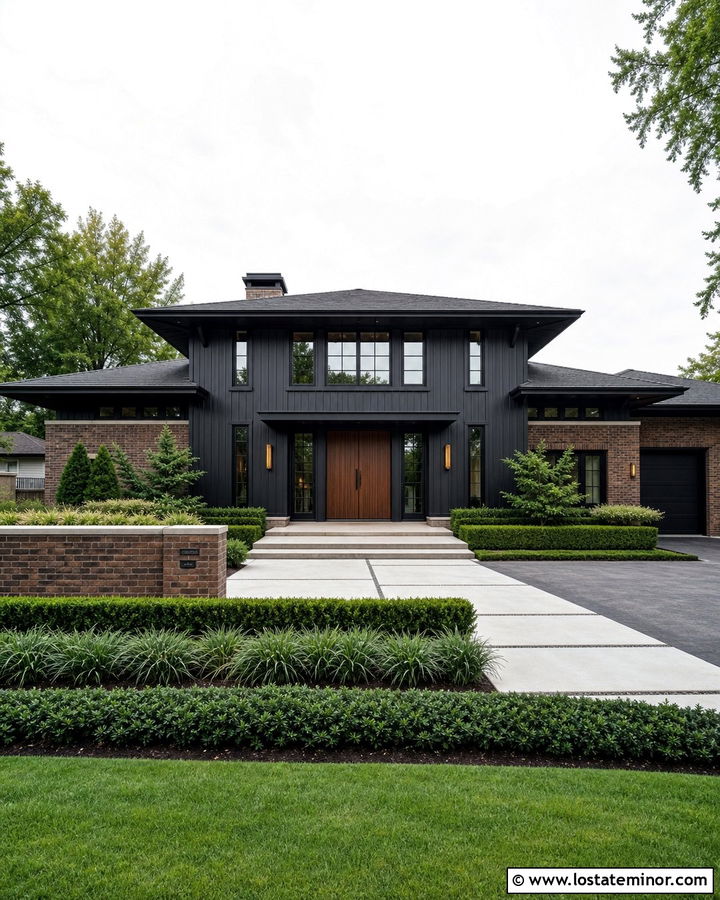 Jet Black Prairie House With Warm Brick - 30 Jet Black House Design With Board and Batten Ideas