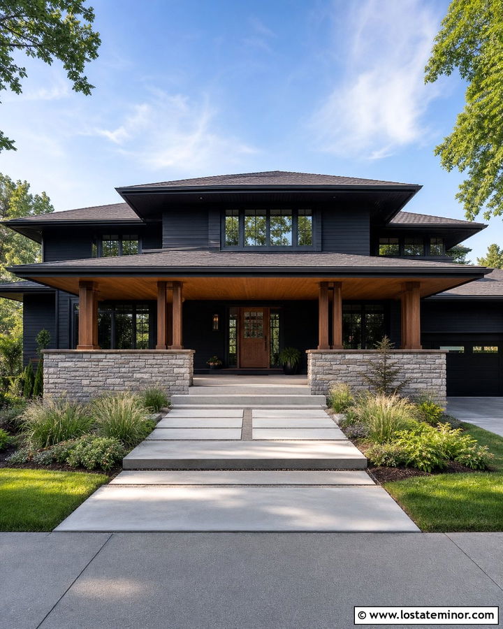Jet Black Prairie House With Wide Porch - 30 Jet Black House Design With Front Porch Ideas