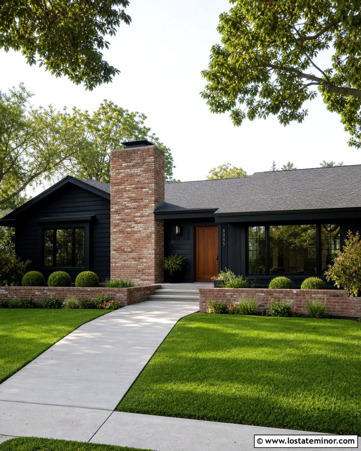 Jet Black Ranch House With Brick Chimney - 30 Jet Black House Design With Brick Accents Ideas