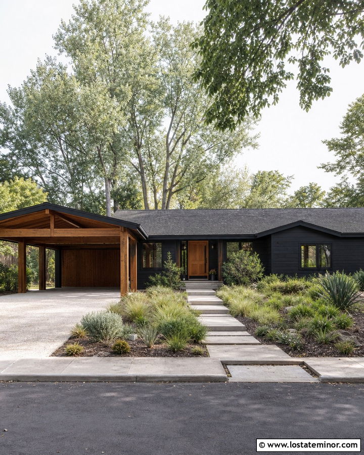 Jet Black Ranch House With Cedar Carport - 30 Jet Black House Design With Carport Ideas