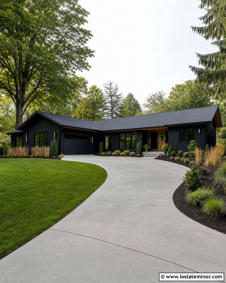 Jet Black Ranch House With Curved Concrete Driveway - 30 Jet Black House Design With Driveway Ideas