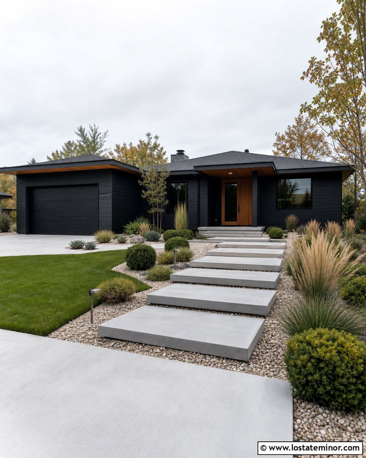 Jet Black Ranch House With Floating Concrete Steps - 30 Jet Black House Design With Steps Ideas