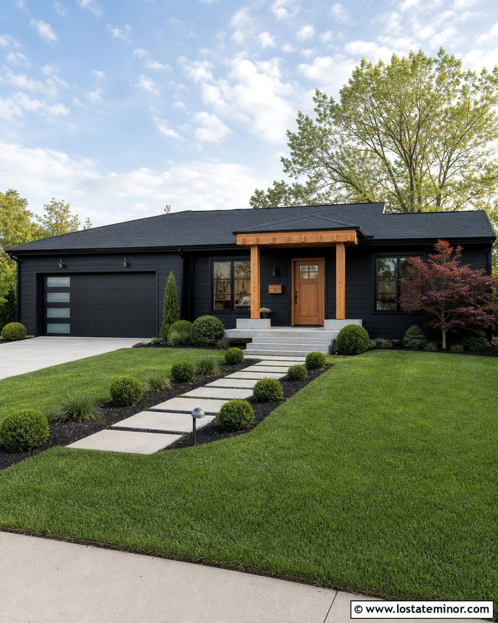 Jet Black Ranch House With Front Entry Pergola - 30 Jet Black House Design With Pergola Ideas