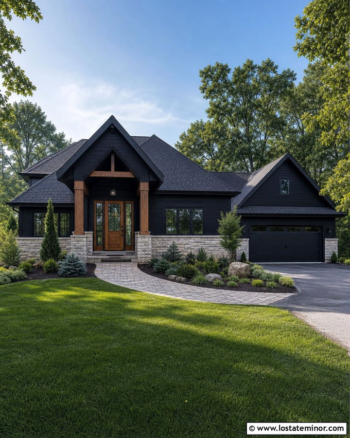 Jet Black Ranch House With Gabled Portico - 30 Jet Black House Design With Portico Ideas