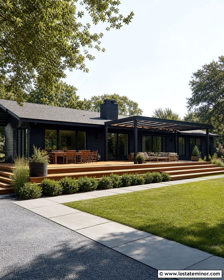 Jet Black Ranch House With Ground Level Deck - 30 Jet Black House Design With Deck Ideas