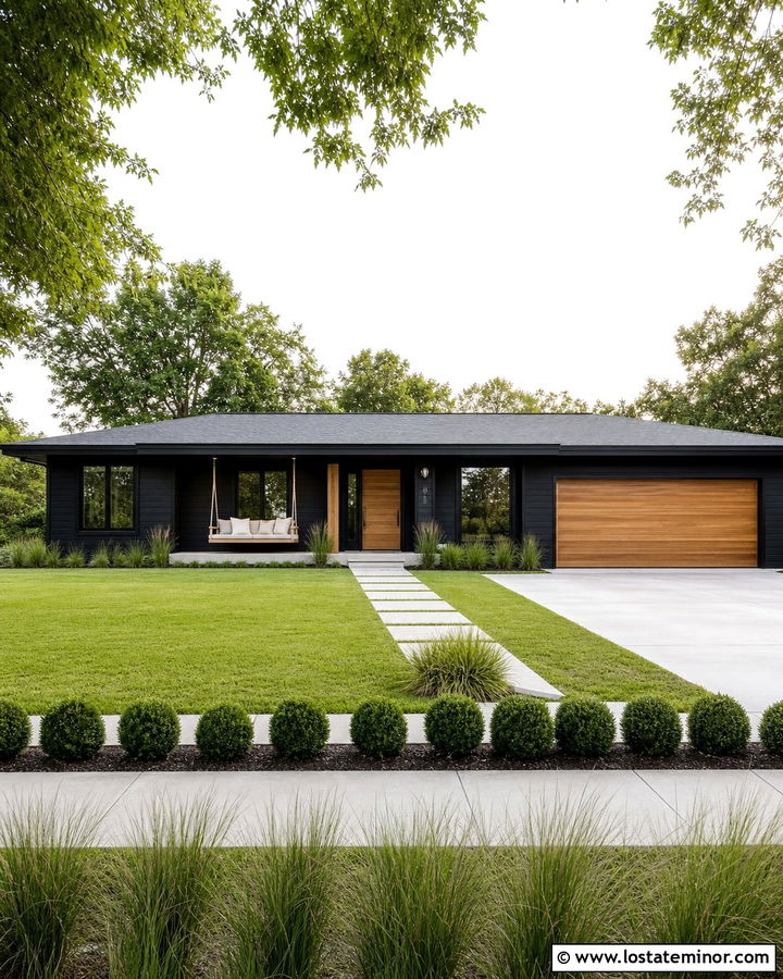 Jet Black Ranch House With Hanging Daybed Swing - 30 Jet Black House Design With Swing Ideas