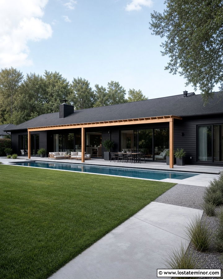Jet Black Ranch House With Lap Pool - 30 Jet Black House Design With Swimming Pool Ideas