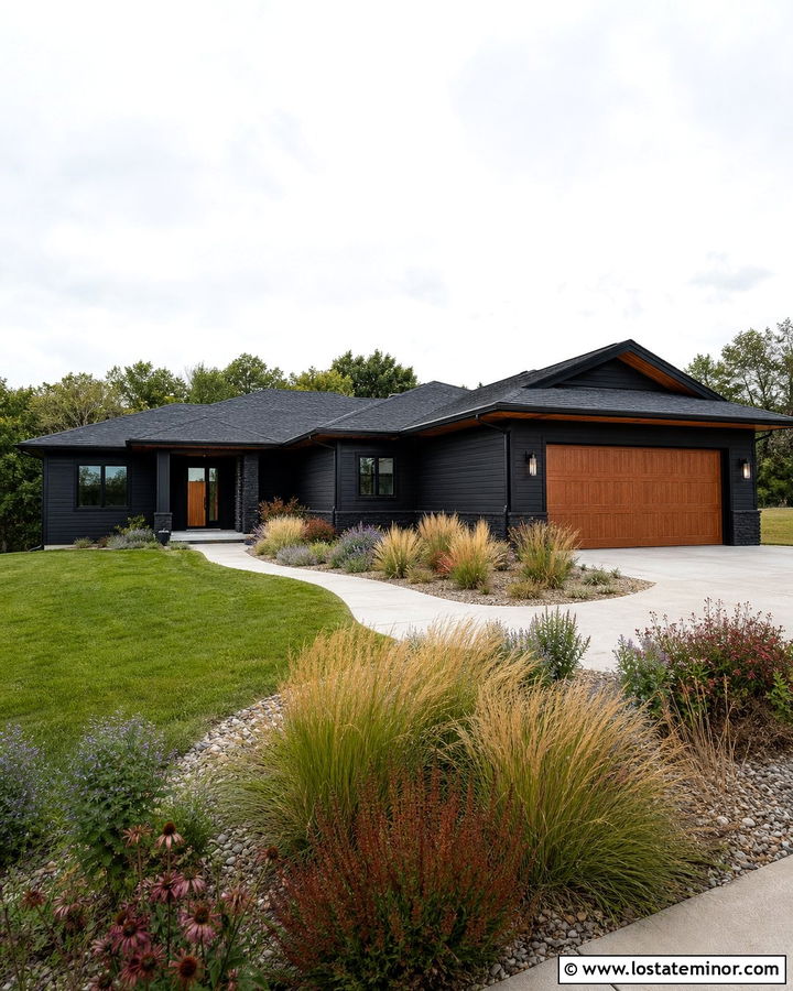 Jet Black Ranch House With Native Grass Front Yard - 30 Jet Black House Design With Front Yard Ideas