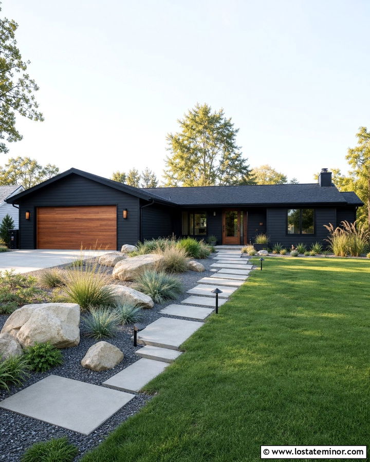 Jet Black Ranch House With Ornamental Grasses - 30 Jet Black House Design With Landscaping Ideas