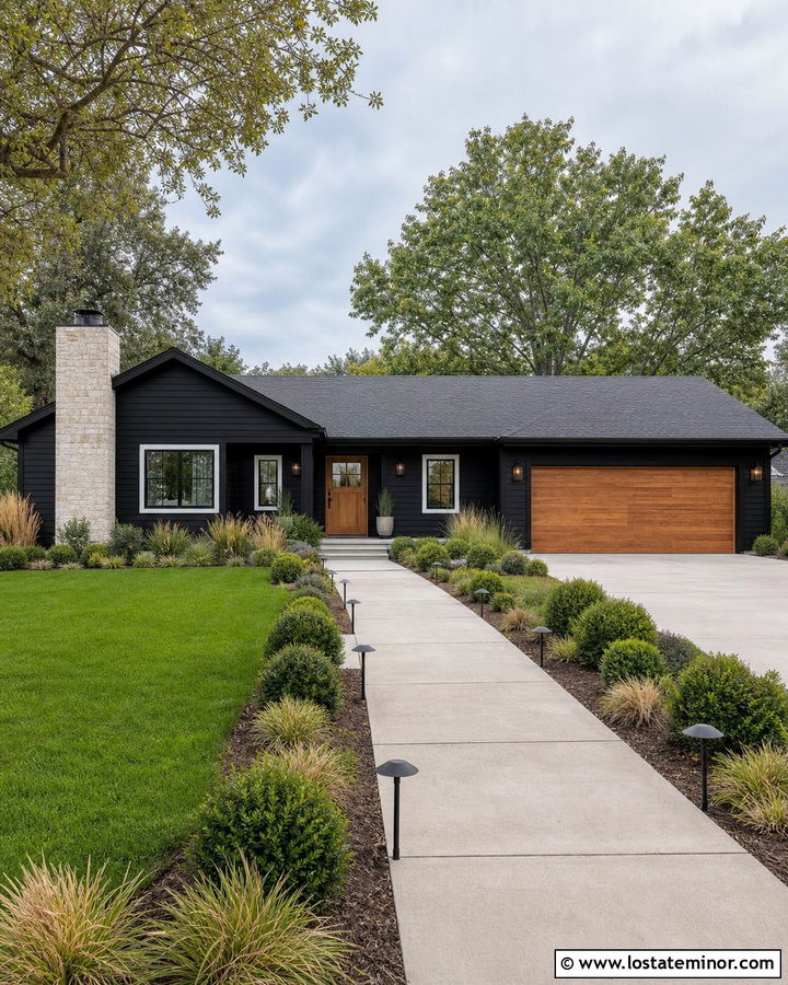 Jet Black Ranch House With Path Lights - 30 Jet Black House Design With Lighting Ideas