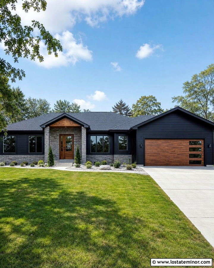 Jet Black Ranch House With Stacked Stone Foundation - 30 Jet Black House Design With Stone Accents Ideas