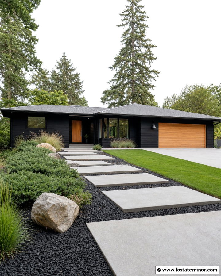 Jet Black Ranch House With Stepping Stone Walkway - 30 Jet Black House Design With Walkway Ideas