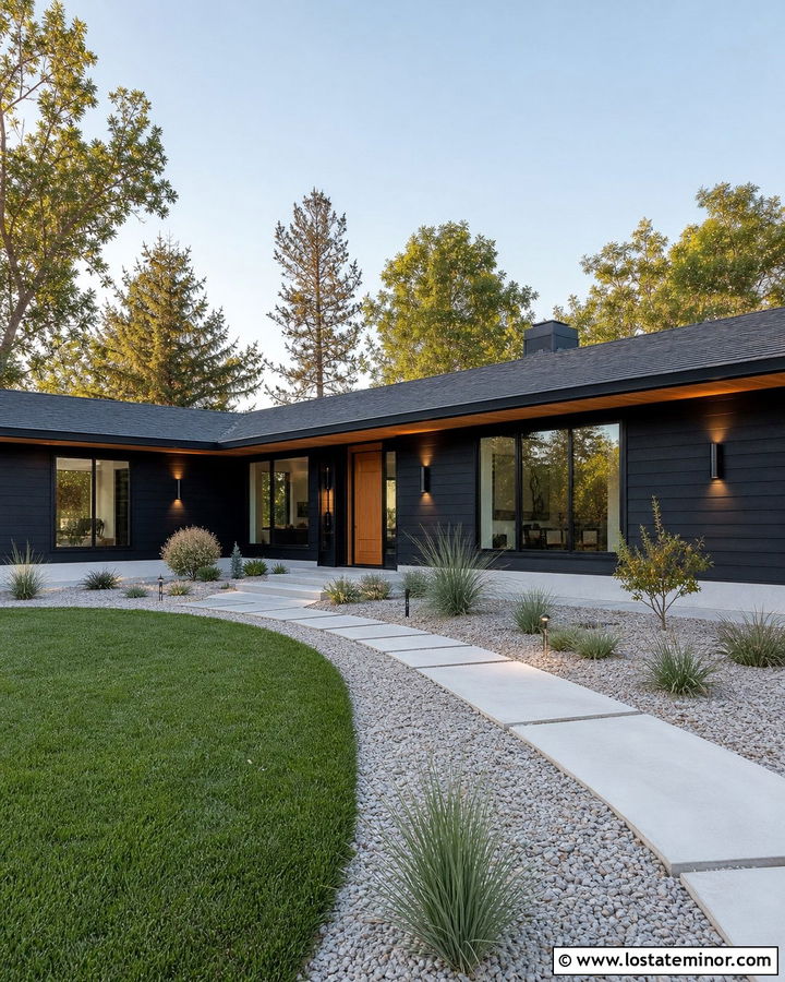 Jet Black Ranch House With Up And Down Sconces - 30 Jet Black House Design With Light Fixtures Ideas