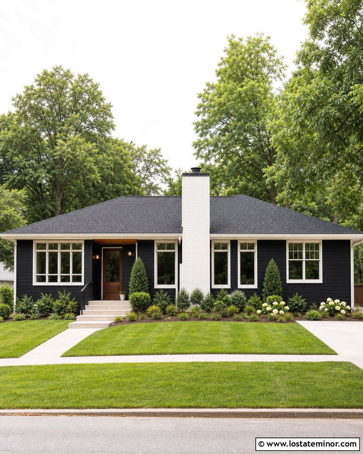 Jet Black Ranch House With White Brick Chimney - 30 Jet Black House Design With Chimney Ideas