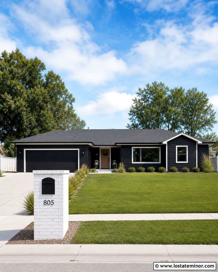 Jet Black Ranch House With White Brick Mailbox - 30 Jet Black House Design With Mailbox Ideas