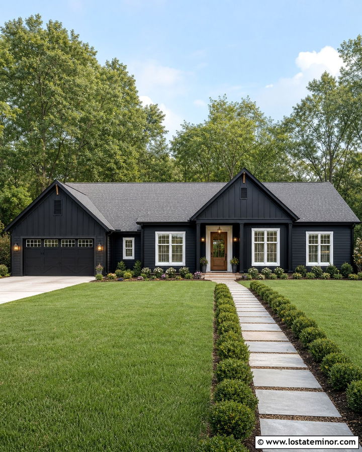Jet Black Ranch House With White Trim - 30 Jet Black House Design With Board and Batten Ideas