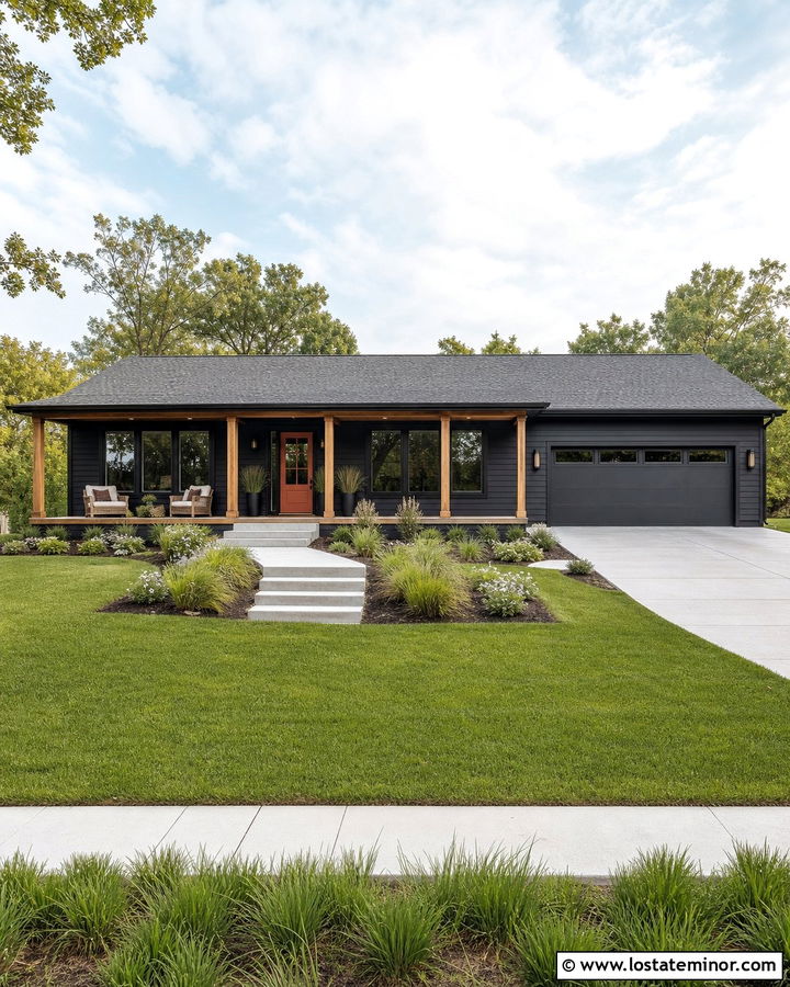 Jet Black Ranch With Full Width Porch - 30 Jet Black House Design With Front Porch Ideas