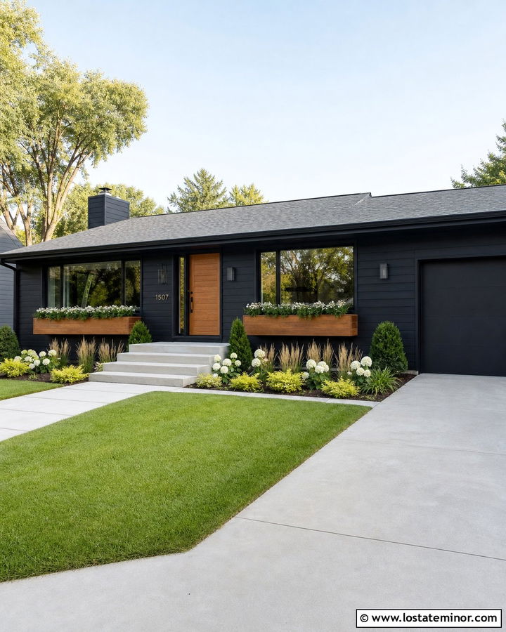 Jet Black Ranch With Long Window Boxes - 30 Jet Black House Design With Window Boxes Ideas