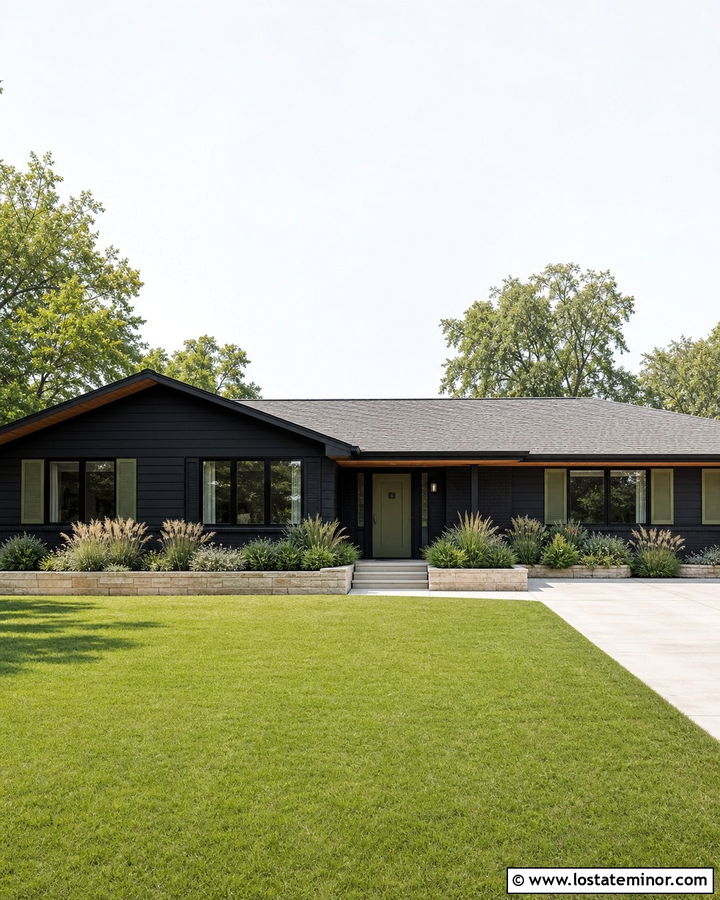 Jet Black Ranch With Olive Green Shutters - 30 Jet Black House Design With Shutters Ideas