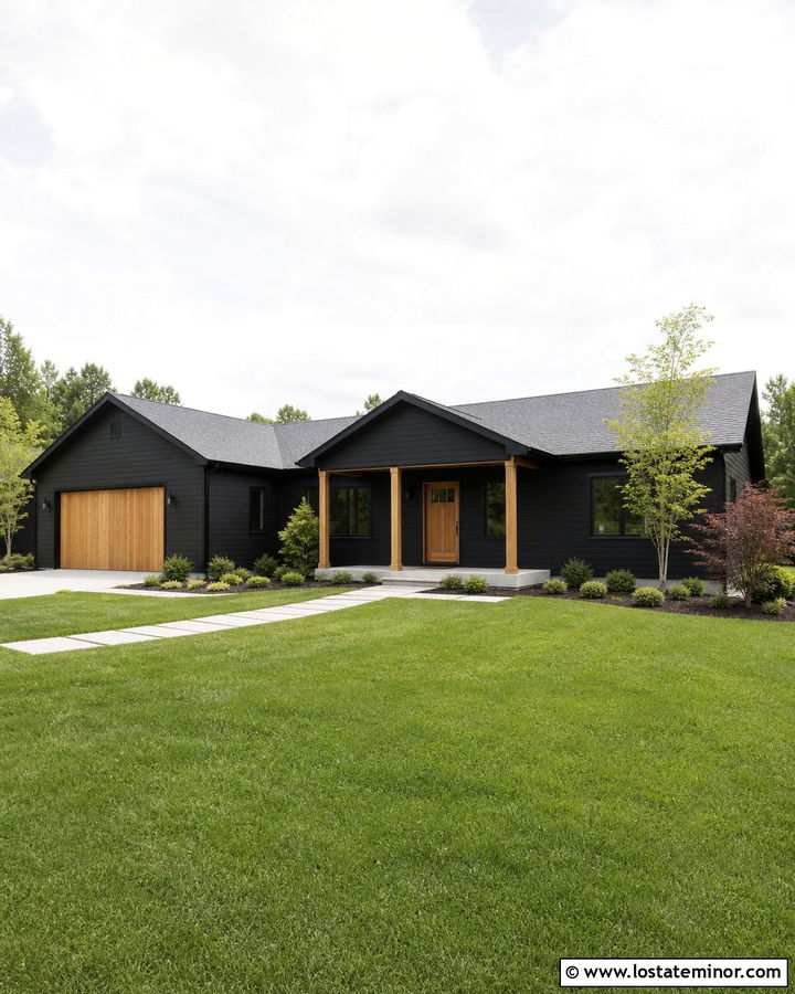 Jet Black Ranch With Slim Wood Porch Columns - 30 Jet Black House Design With Porch Columns Ideas