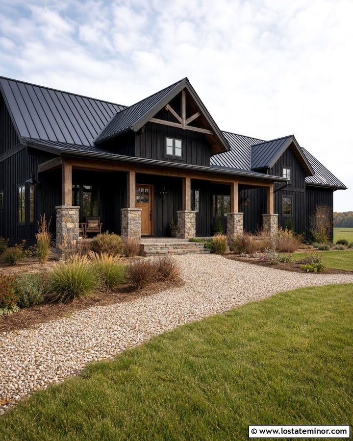 Jet Black Rustic Farmhouse With Stone Porch Columns - 30 Jet Black House Design With Porch Columns Ideas