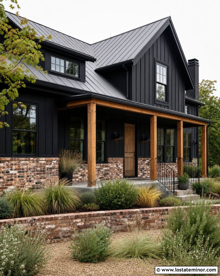 Jet Black Rustic House With Reclaimed Brick Wainscoting - 30 Jet Black House Design With Wainscoting Ideas