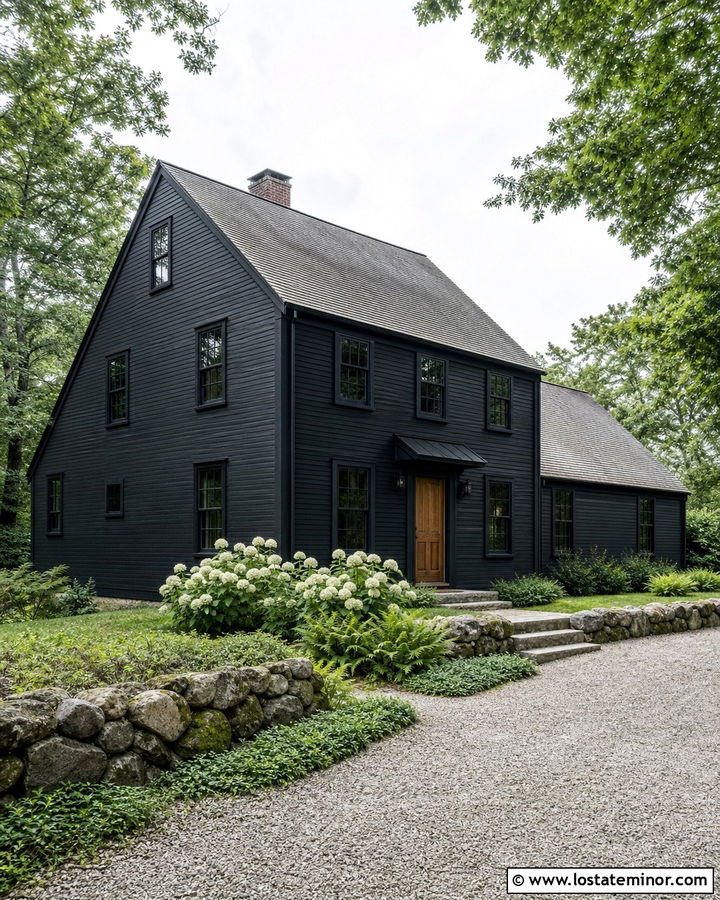Jet Black Saltbox House With Fieldstone Steps - 30 Jet Black House Design With Steps Ideas