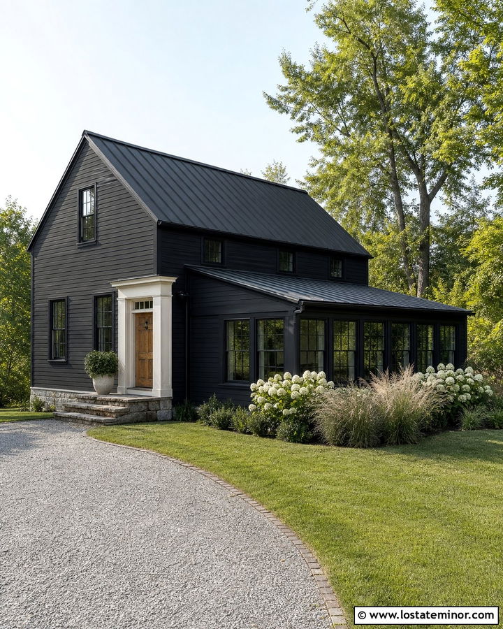 Jet Black Saltbox House With Lean To Sunroom - 30 Jet Black House Design With Sunroom Ideas